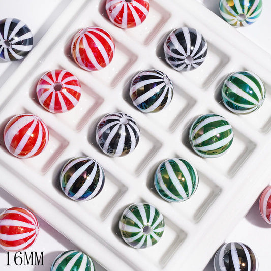 UV Finish Round Beads with Watermelon Stripes, Acrylic Beads for DIY Christmas Bracelets, 16MM, Multi-Color