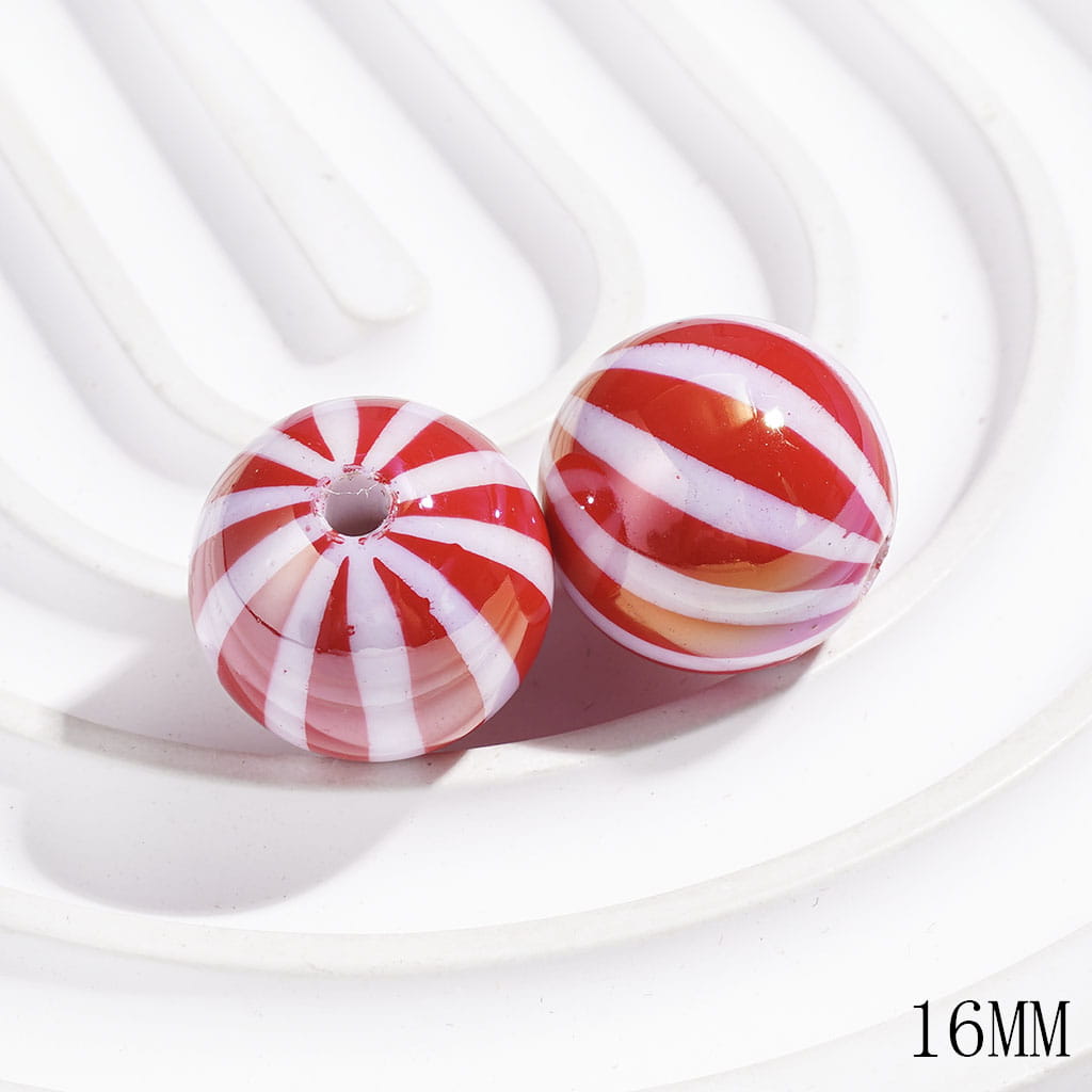 UV Finish Round Beads with Watermelon Stripes, Acrylic Beads for DIY Christmas Bracelets, 16MM, Multi-Color