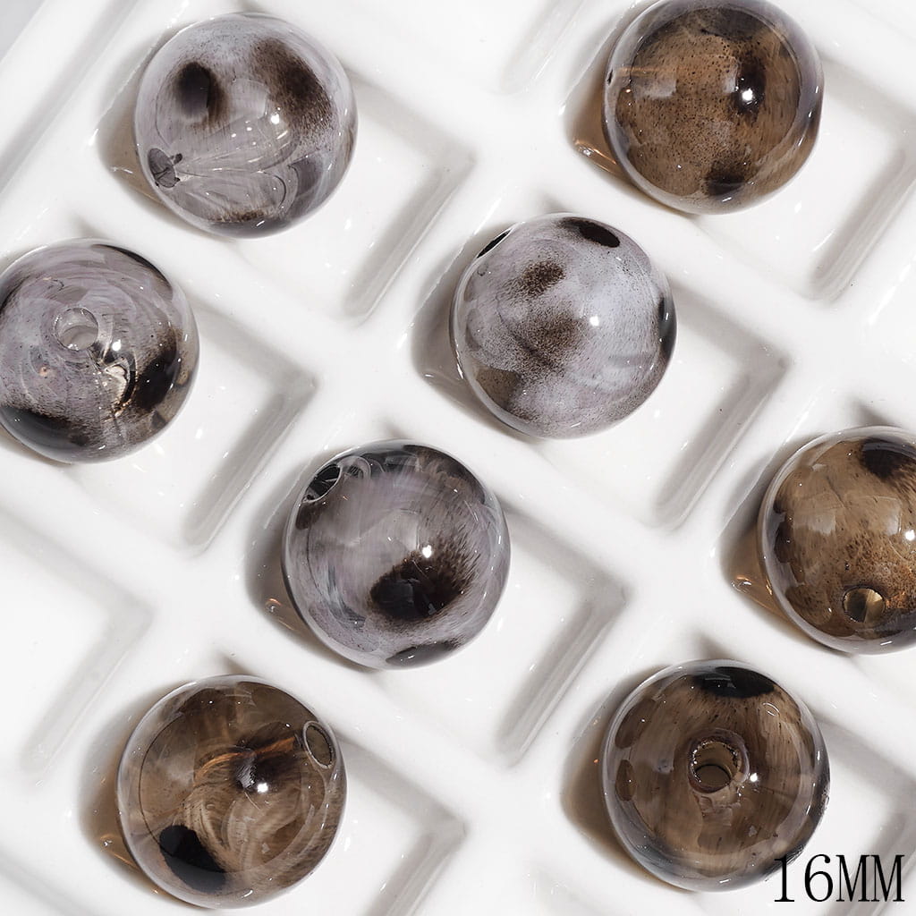 Semi-Clear Acrylic Beads for DIY Bracelets with White Abstract & Brown Spots, 16MM, Light Brown and Clear Gray