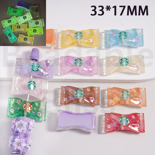 Acrylic Beads UV Coating Luminous Glitter Starbuc Coffee Candy Sweet, 33*17MM, Random Mix