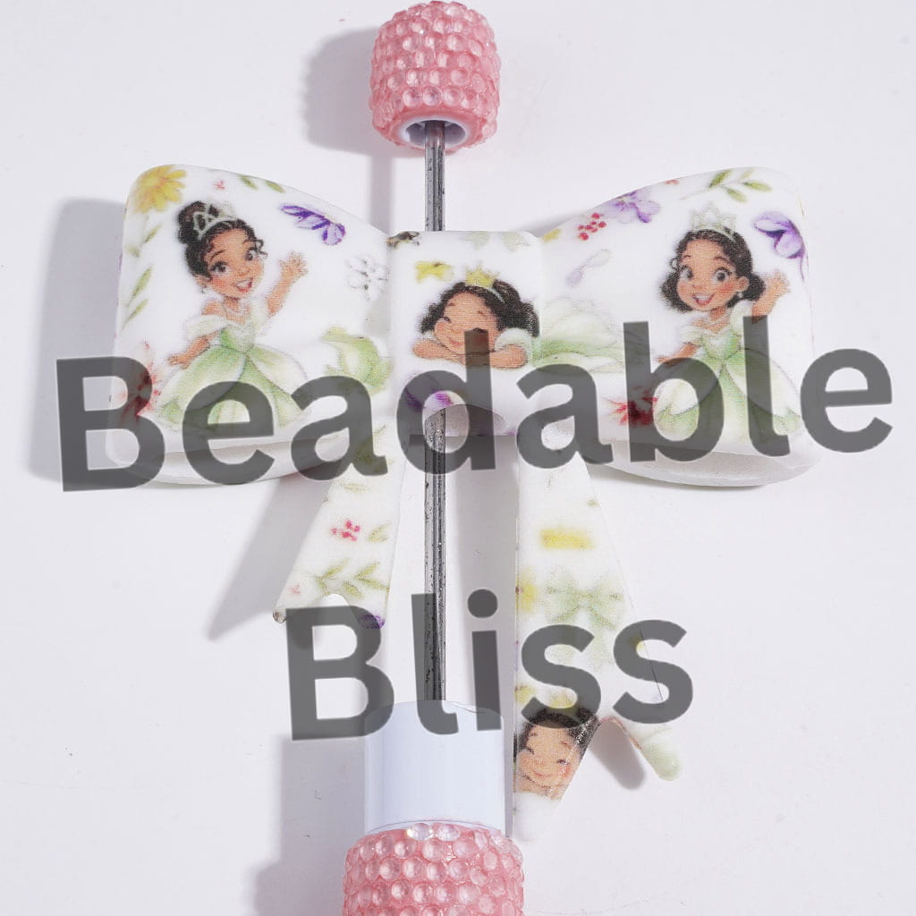UV-Printed Soft Bowtie with Green Dress Beautiful Princess and Frog Printed Focal Beads, 52*59MM