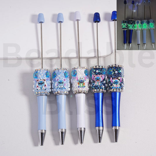 Beadable Clay Pen Luminous with Cute Stitc Lolipop Shiny Rhinestones Chains White Pearls, Random Mix