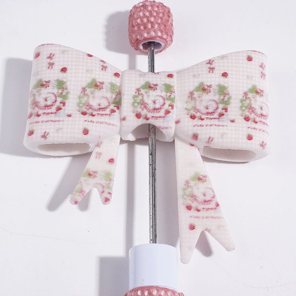 UV-Printed Soft Bowtie with Pink & White Checkered Pattern and Berry Girl Printed Focal Beads, 52*59MM