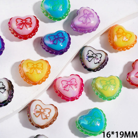 Acrylic Beads Heart with Bowtie and Wavy Edge, UV Finish, 16*19MM Multi-Color Random Mix