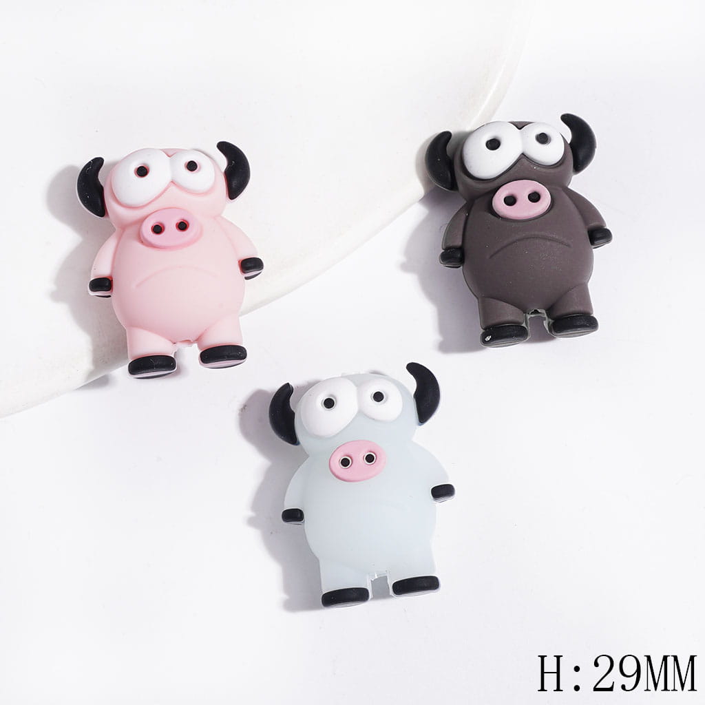 3D Funny Cattle Calf with Big Eyes and Pink Nose Silicone Focal Beads, Height 29MM, Multi-Color