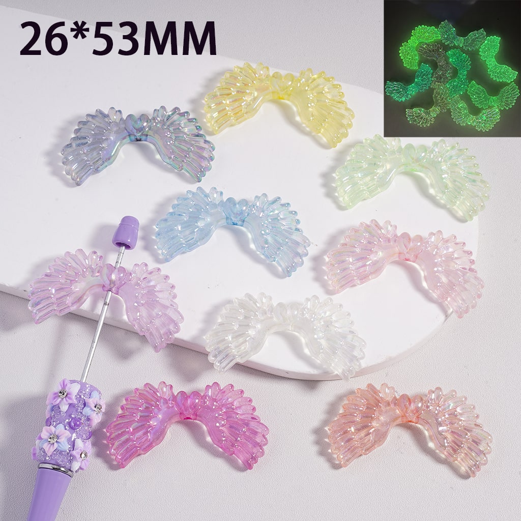 Acrylic Beads Luminous UV Coating Angle Wings, Translucent Color, 26*53MM, Random Mix