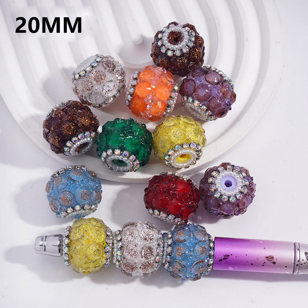 Handmade Acrylic Beads with Sparkling Clear Rhinestones Covered the Entire Bead, AB Rhinestone and White Pearl Chains, 20MM, Multi-Color