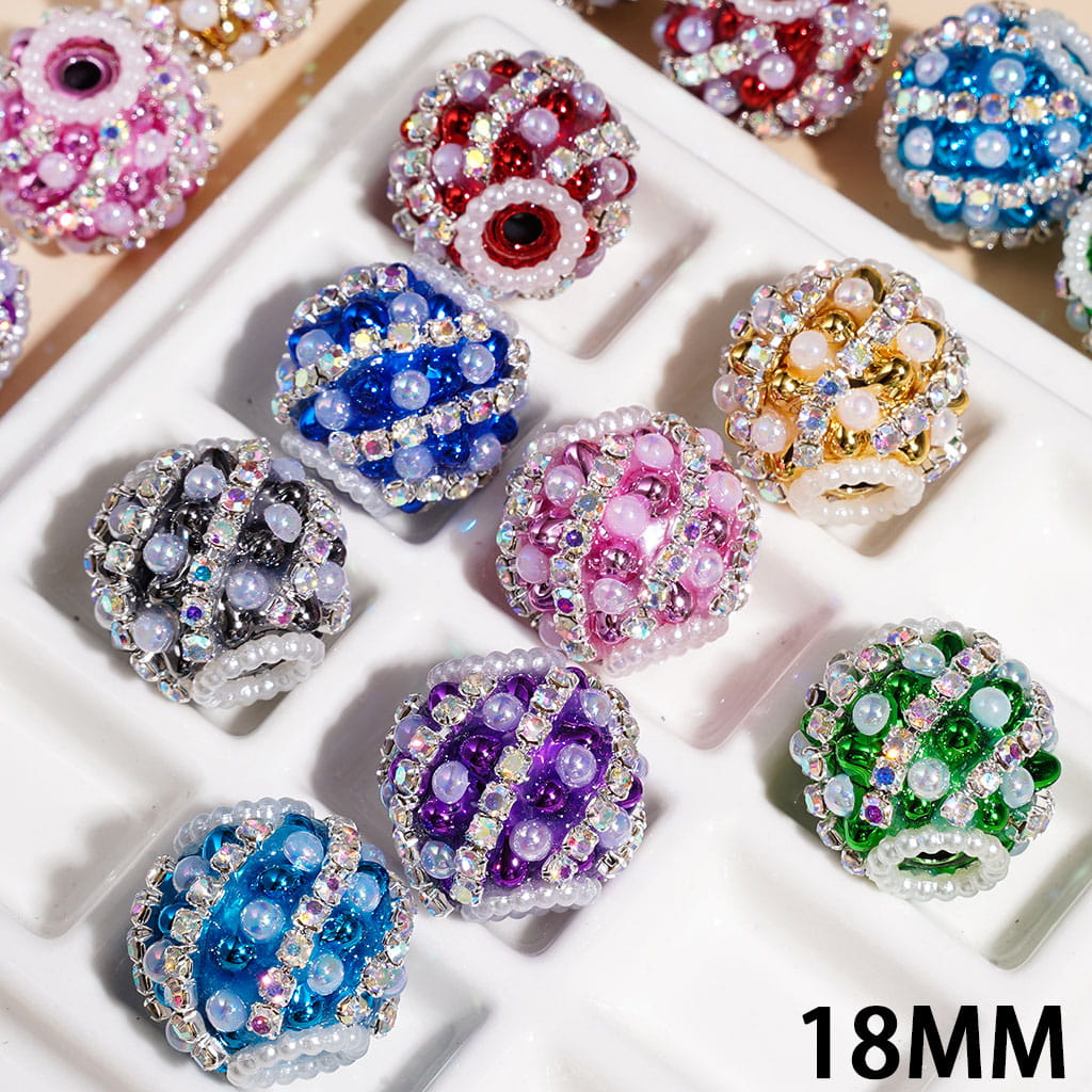 Acrylic Beads with Gridding Shaped AB Rhinestones and Metallic Color Balls, White Pearl Chains, 18MM, Random Mix