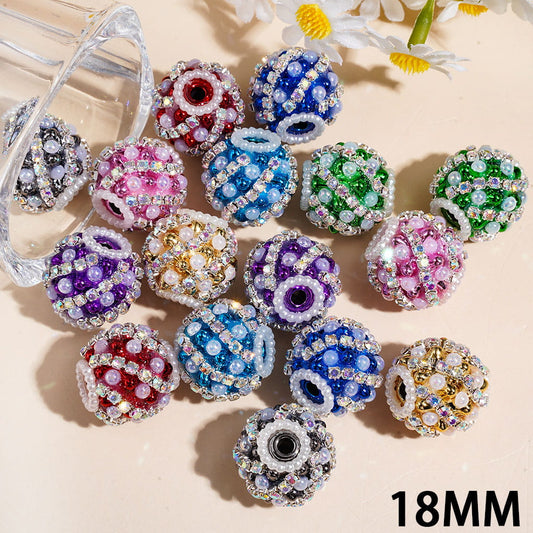 Acrylic Beads with Gridding Shaped AB Rhinestones and Metallic Color Balls, White Pearl Chains, 18MM, Random Mix