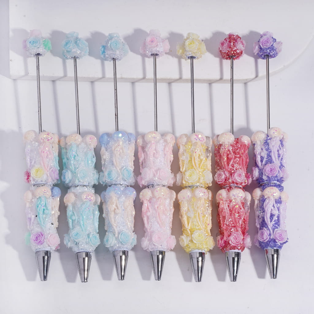 Beadable Sugar Clay Pens w Dazzling Jellyfish & Broken Rhinestones & Rose Flowers Covered the Entire Pens, Multi-Color