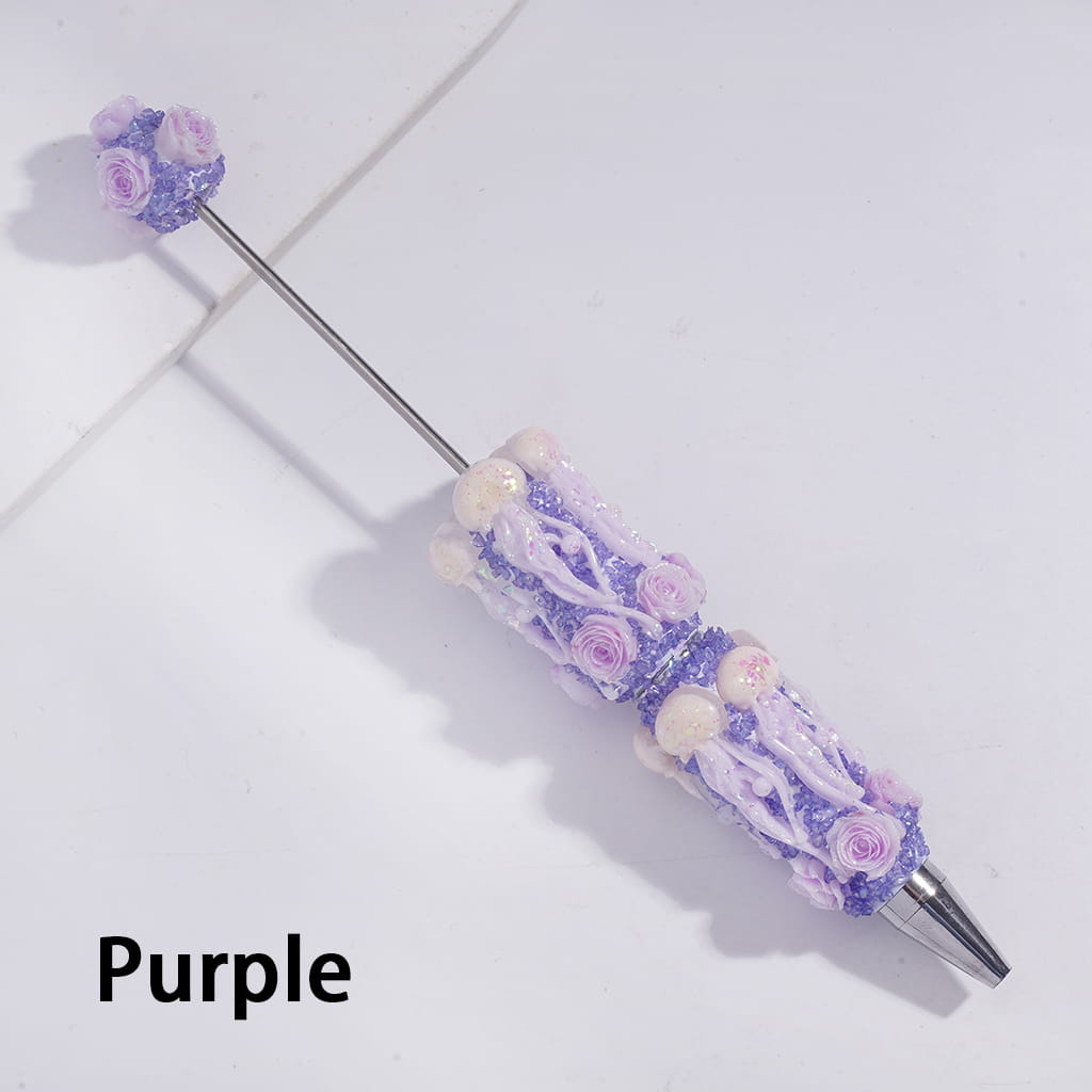 Beadable Sugar Clay Pens w Dazzling Jellyfish & Broken Rhinestones & Rose Flowers Covered the Entire Pens, Multi-Color