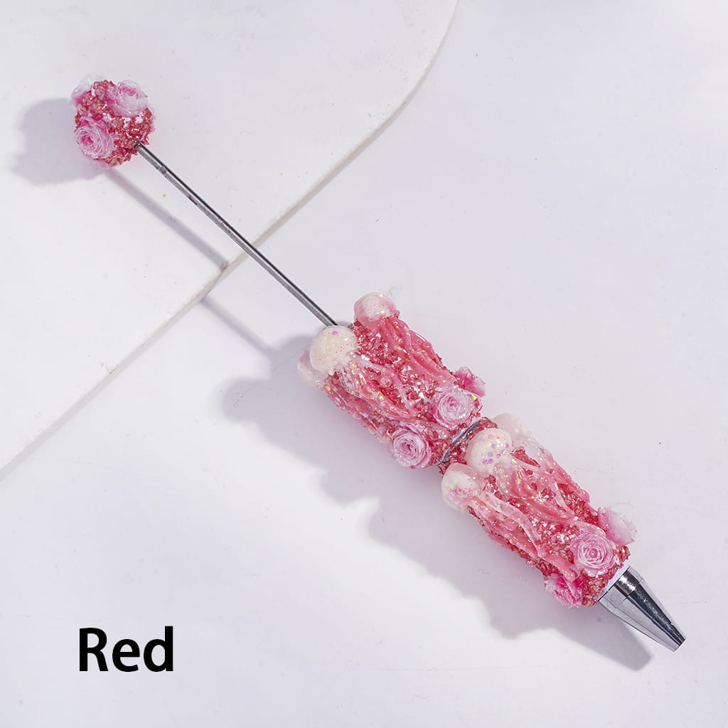Beadable Sugar Clay Pens w Dazzling Jellyfish & Broken Rhinestones & Rose Flowers Covered the Entire Pens, Multi-Color