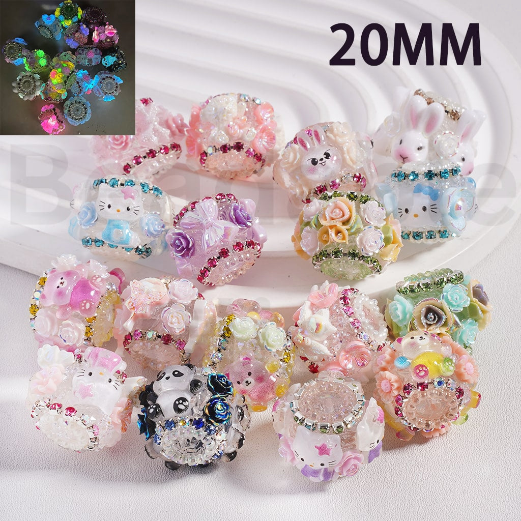 Sugar Acrylic Beads Luminous Cute Cartoon Animals Flowers Hello Kitt Panda Bunny Bear Piglet Colorful Rhinestones Chains White Pearls Loops, 20MM, Random Mix