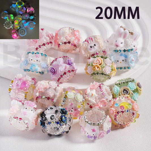 Sugar Acrylic Beads Luminous Cute Cartoon Animals Flowers Hello Kitt Panda Bunny Bear Piglet Colorful Rhinestones Chains White Pearls Loops, 20MM, Random Mix