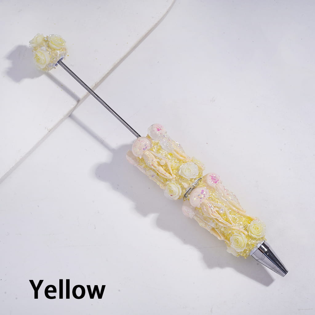 Beadable Sugar Clay Pens w Dazzling Jellyfish & Broken Rhinestones & Rose Flowers Covered the Entire Pens, Multi-Color