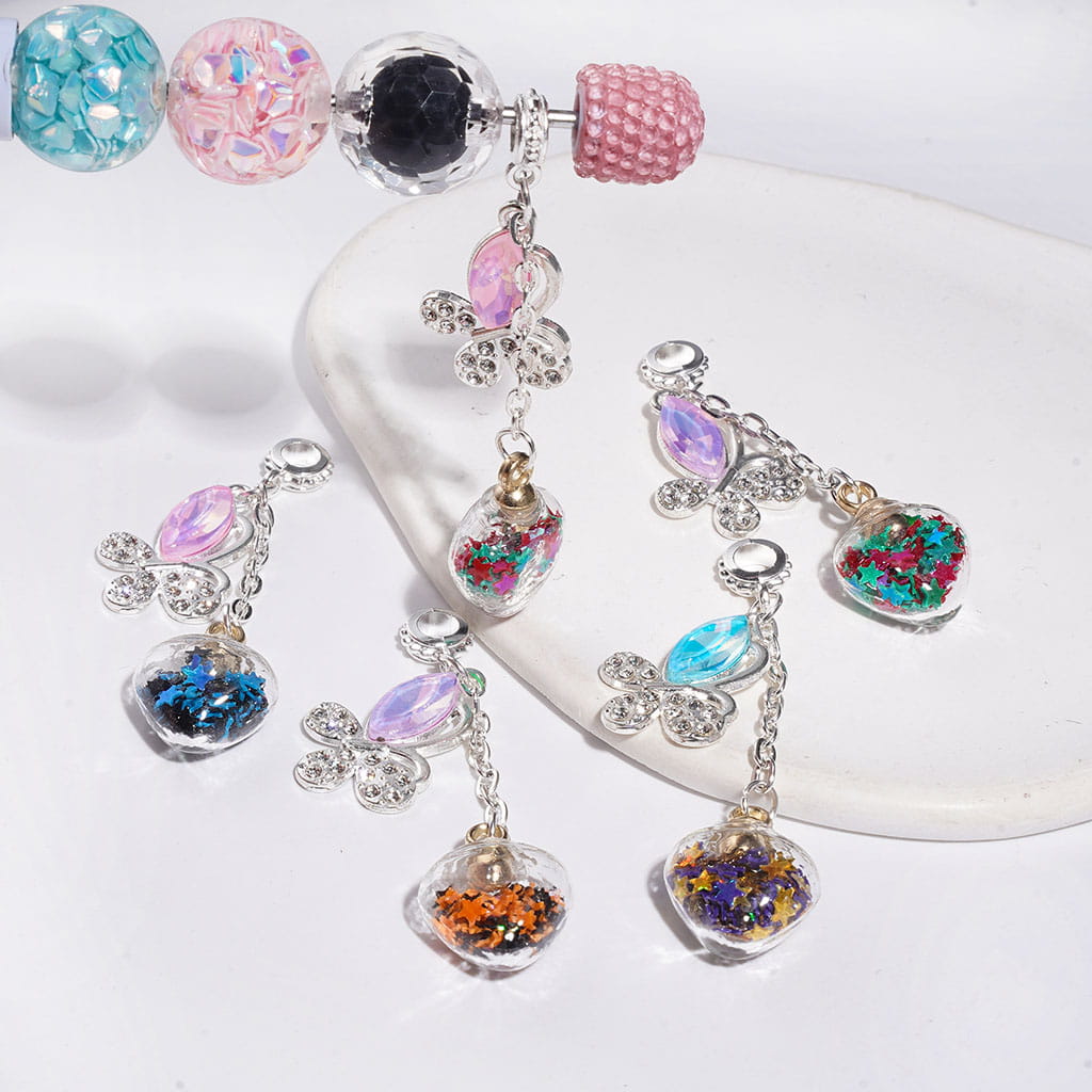 Alloy Bail Loop Beads, Charm Pendants Heart Glass Bottle with Star Sequins, Silver Butterfly with AB and Marquise Cut Rhinestones, Multi-Color Random Mix