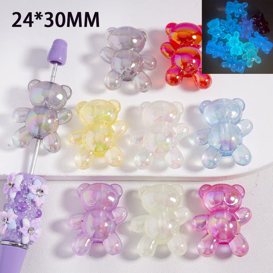 Acrylic Beads Luminous UV Coating Glitter Inside Cute Bear, Translucent Color, 24*30MM, Random Mix