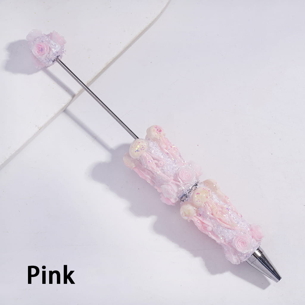 Beadable Sugar Clay Pens w Dazzling Jellyfish & Broken Rhinestones & Rose Flowers Covered the Entire Pens, Multi-Color