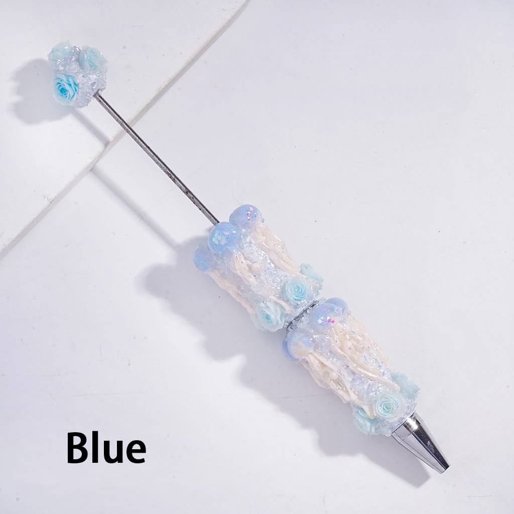 Beadable Sugar Clay Pens w Dazzling Jellyfish & Broken Rhinestones & Rose Flowers Covered the Entire Pens, Multi-Color