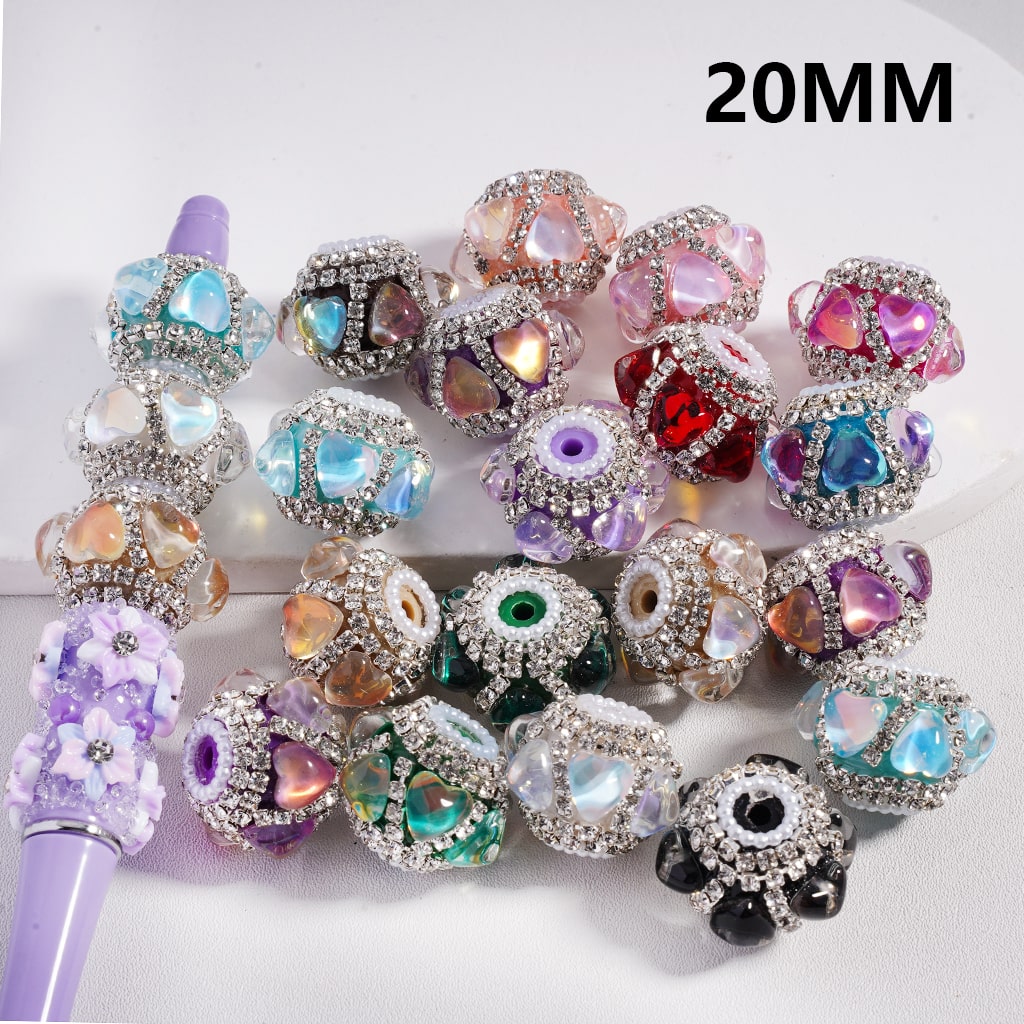 Acrylic Beads Colorful Shiny Hearts Clear Rhinestones Chains White Pearls Loop, 20MM, Random Mix