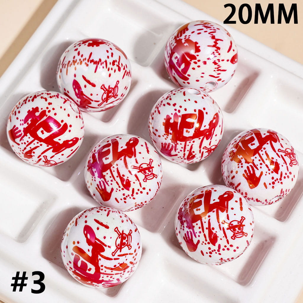 UV Coating Acrylic Beads for Bracelets with Bloody Red Spots Print, Horror Series, 20MM