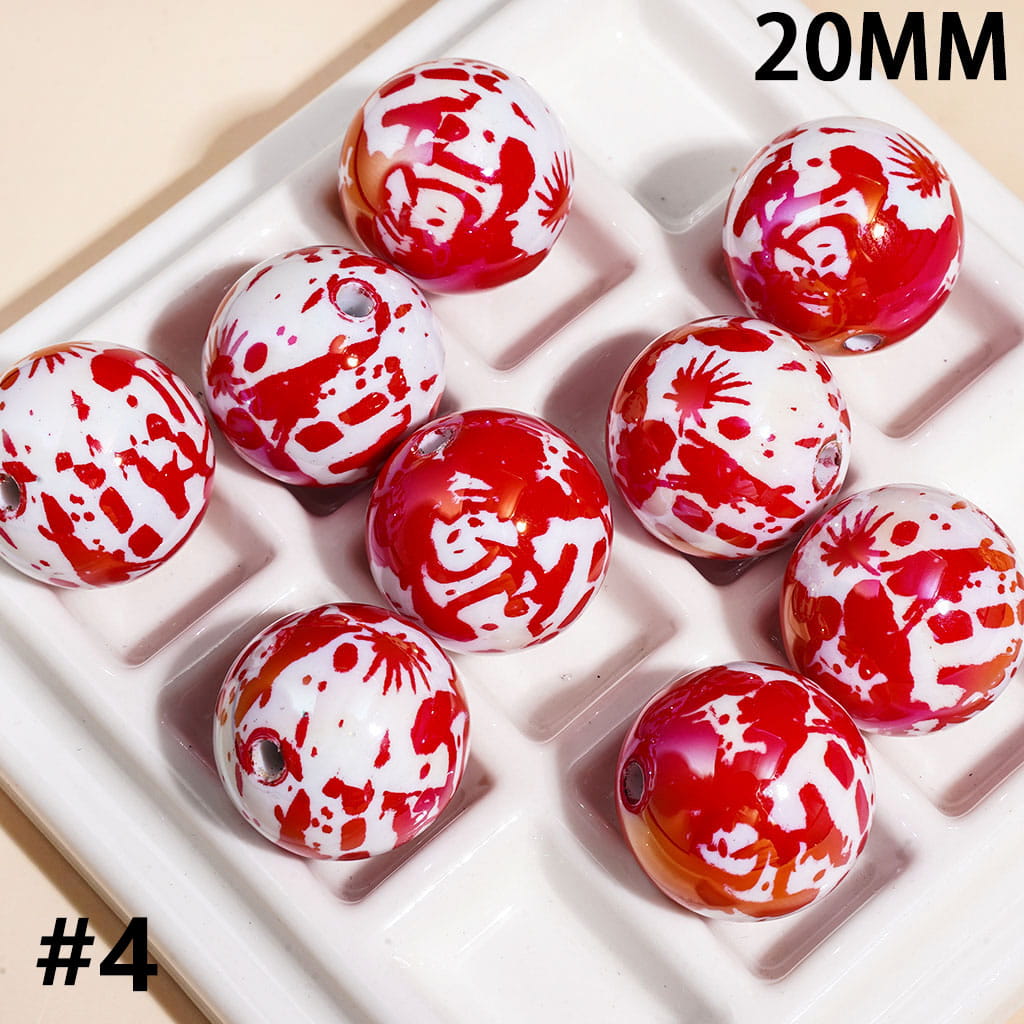 UV Coating Acrylic Beads for Bracelets with Bloody Red Spots Print, Horror Series, 20MM