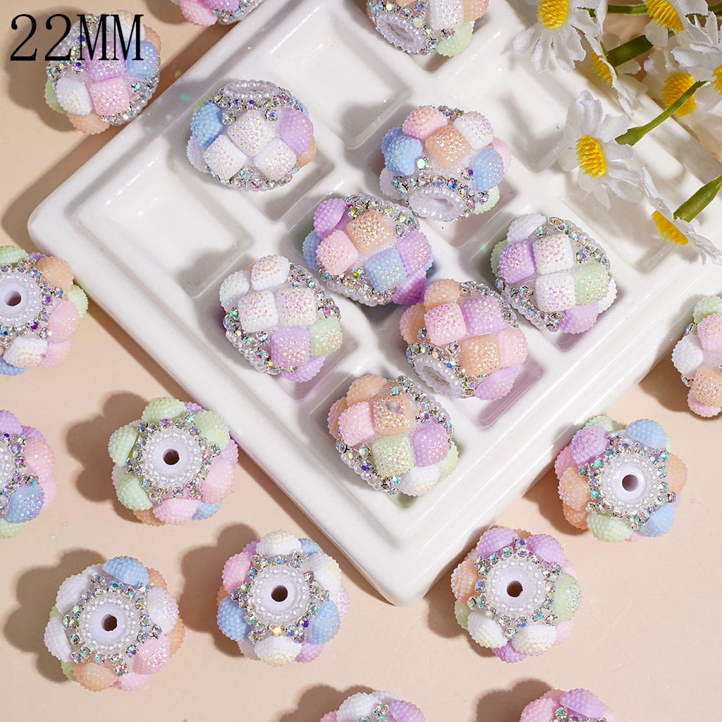 Handmade Acrylic Beads with UV-Coated Frosted Square, AB Rhinestone & White Pearl Chains, 22MM Macaron Colors Random Mix