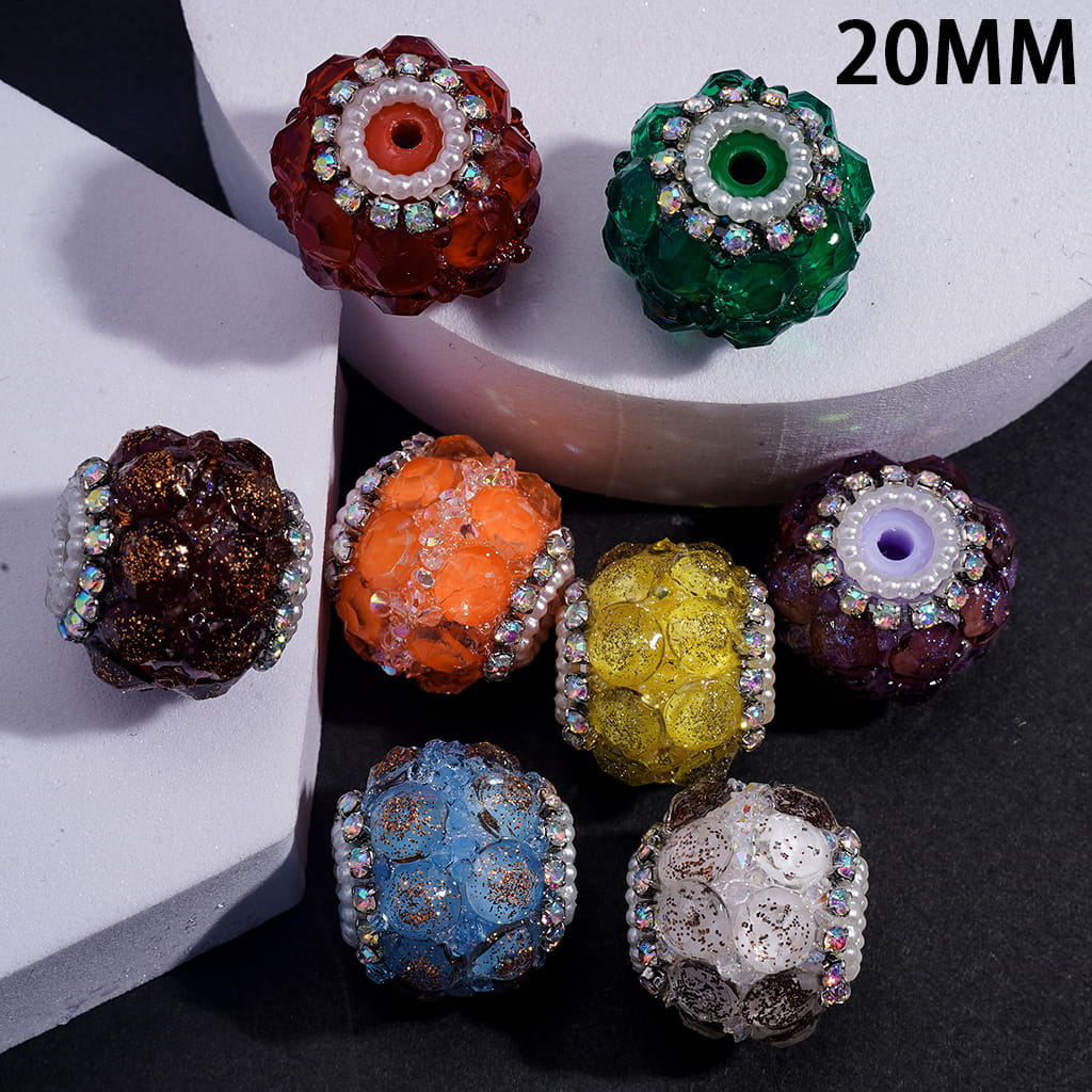 Handmade Acrylic Beads with Sparkling Clear Rhinestones Covered the Entire Bead, AB Rhinestone and White Pearl Chains, 20MM, Multi-Color