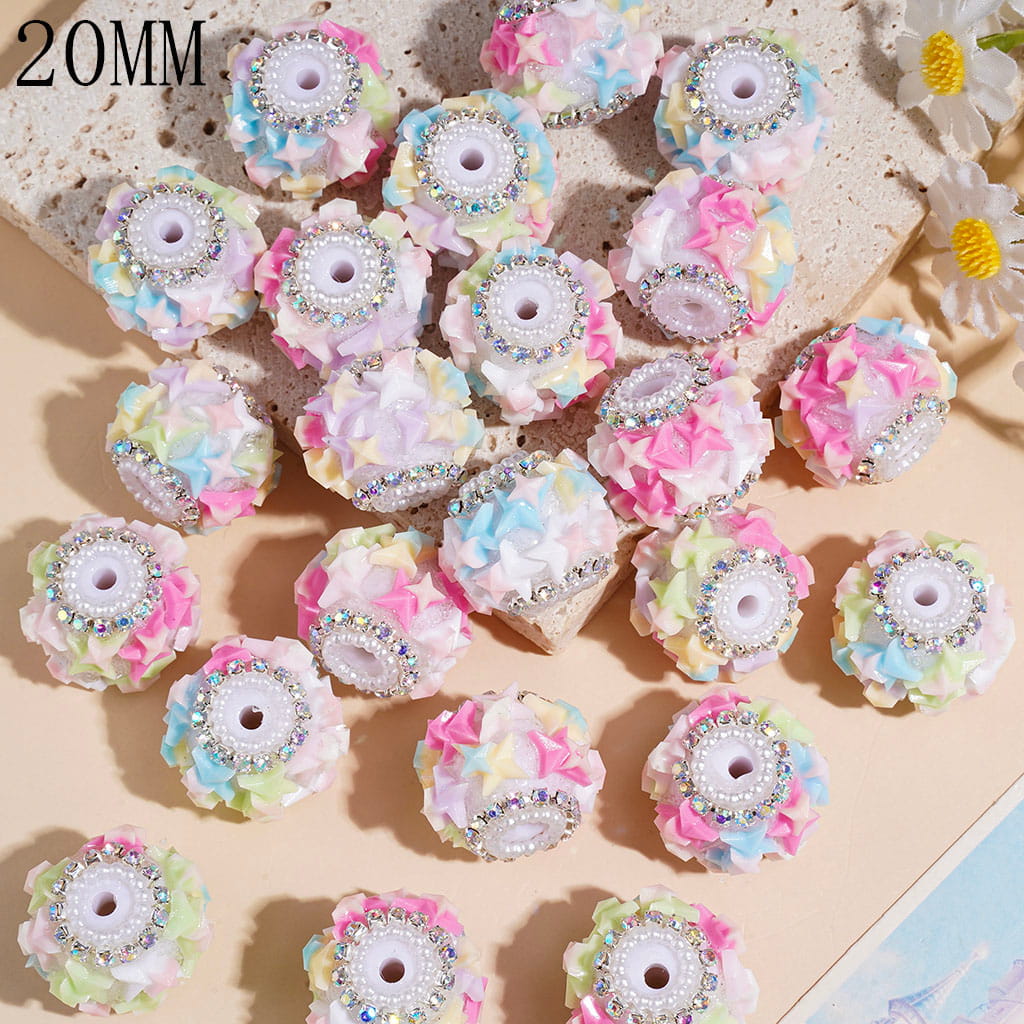 Handmade Acrylic Beads with Macaron Colors Star, AB Rhinestones & White Pearl Chains, 20MM