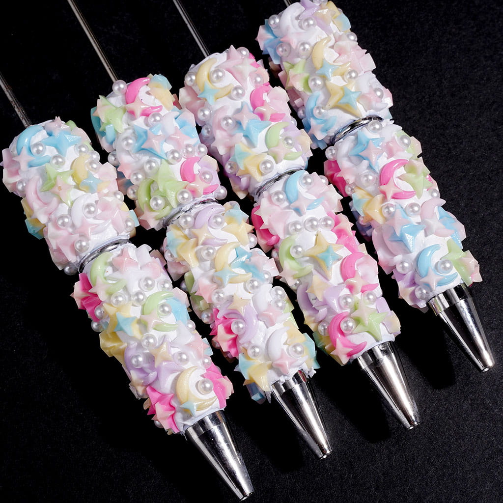 Beadable Clay Pens with Macaron Colors Star and Crescent Moon, White Pearls