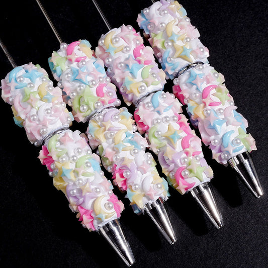 Beadable Clay Pens with Macaron Colors Star and Crescent Moon, White Pearls