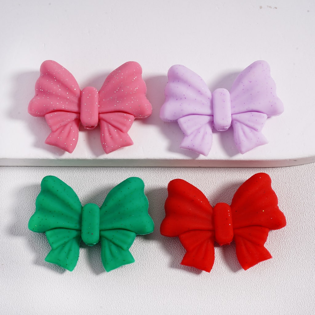 Silicone Focal Beads Cute Glitter Bowknot, Random Mix