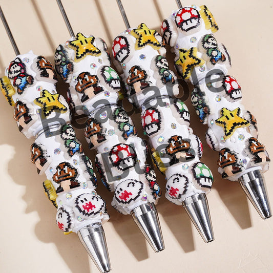 Beadable Clay Pens with Star Mushroom Plumber Character Series and AB Rhinestone