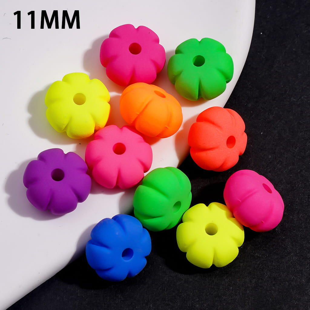 Acrylic Beads Matte Rubber Touch, Neon Colors, Flat Pumpkin Shape, 11MM, Random Mix