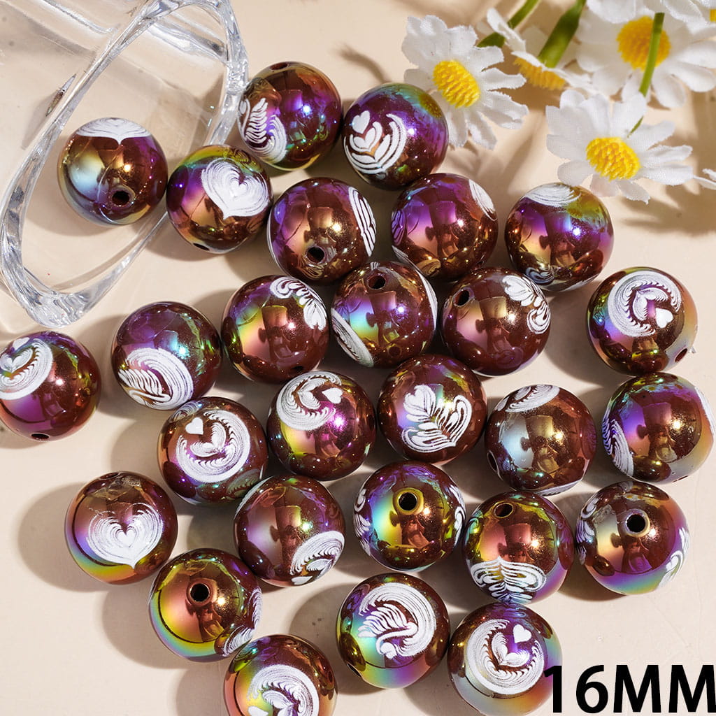Latte Art Patterns in Coffee Theme UV Coating Acrylic Beads for Bracelets, 16MM, Random Mix