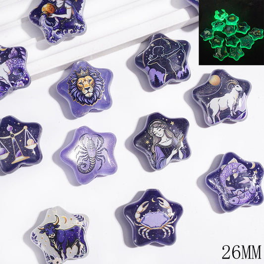 Acrylic Beads Cat Eye Style Luminous Star, Twelve Constellations Theme, 26MM, Blue Purple Series, Random Mix