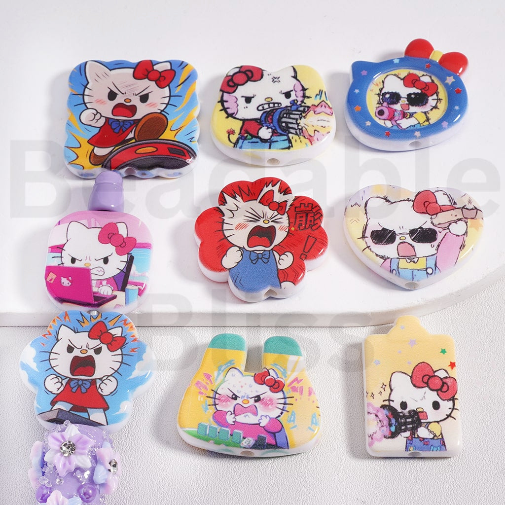 Acrylic Beads Angry Hello Kitt Sanri Series, Random Mix
