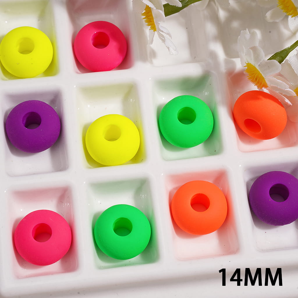 Acrylic Wheel Beads Matte Rubber Touch, Fluorescence Colors, 14MM, Big Hole Beads, Random Mix (The Hole Diameter is Around 4.5MM)