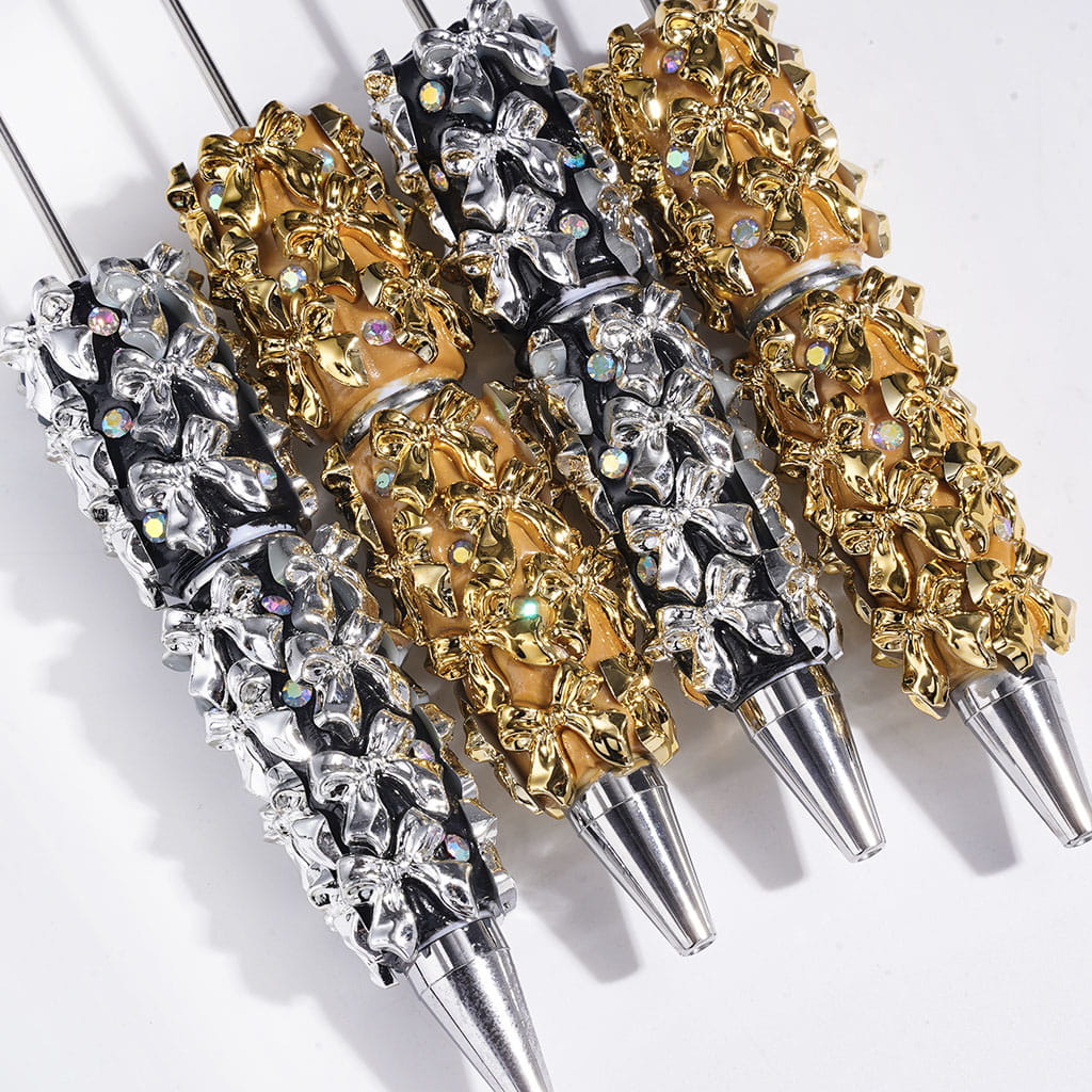 AB Rhinestones and Metallic Colors Bowtie Beadable Clay Pens, Sliver and Gold Bowtie