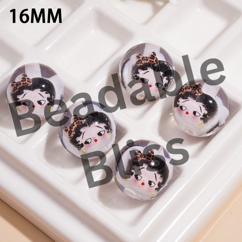 Transparent Acrylic Beads for Bracelets, Old Girl Character Wearing Bowtie Designs Inside, 16MM