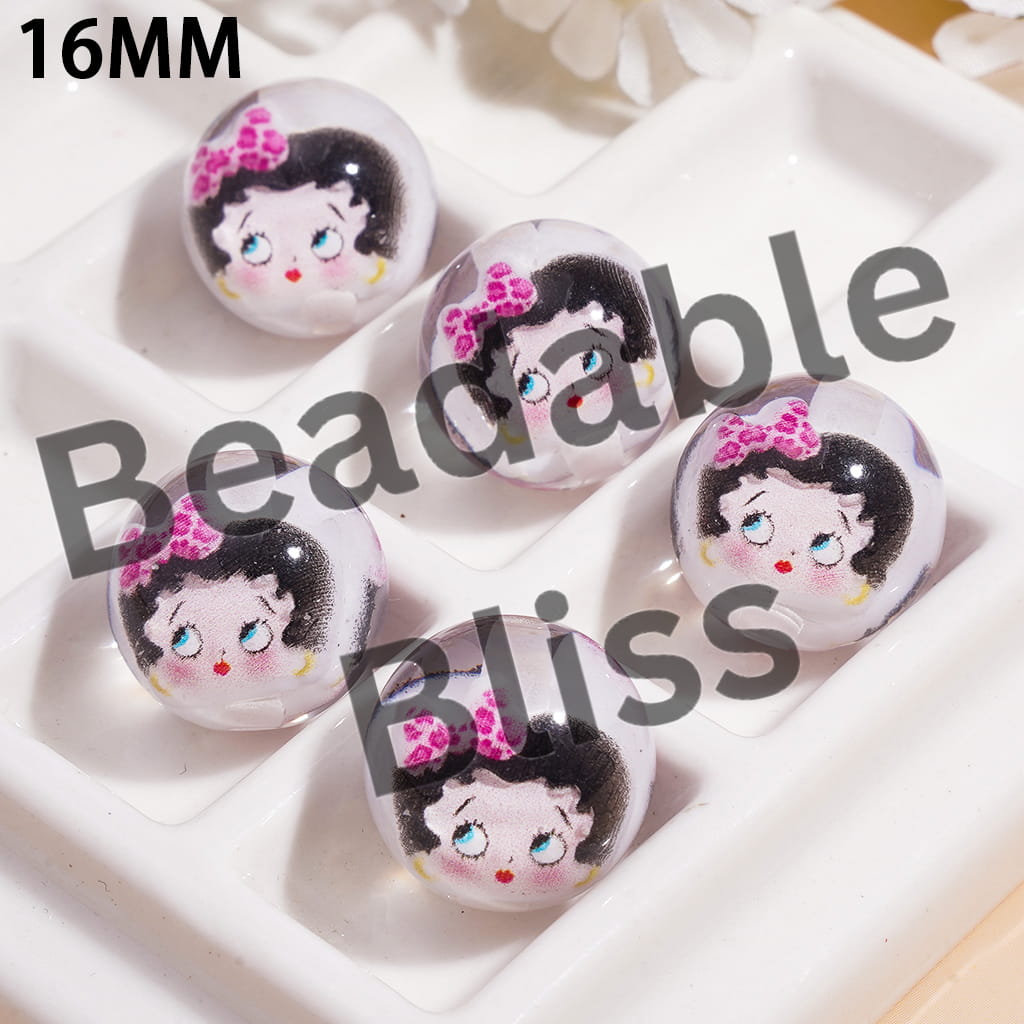 Transparent Acrylic Beads for Bracelets, Old Girl Character Wearing Bowtie Designs Inside, 16MM