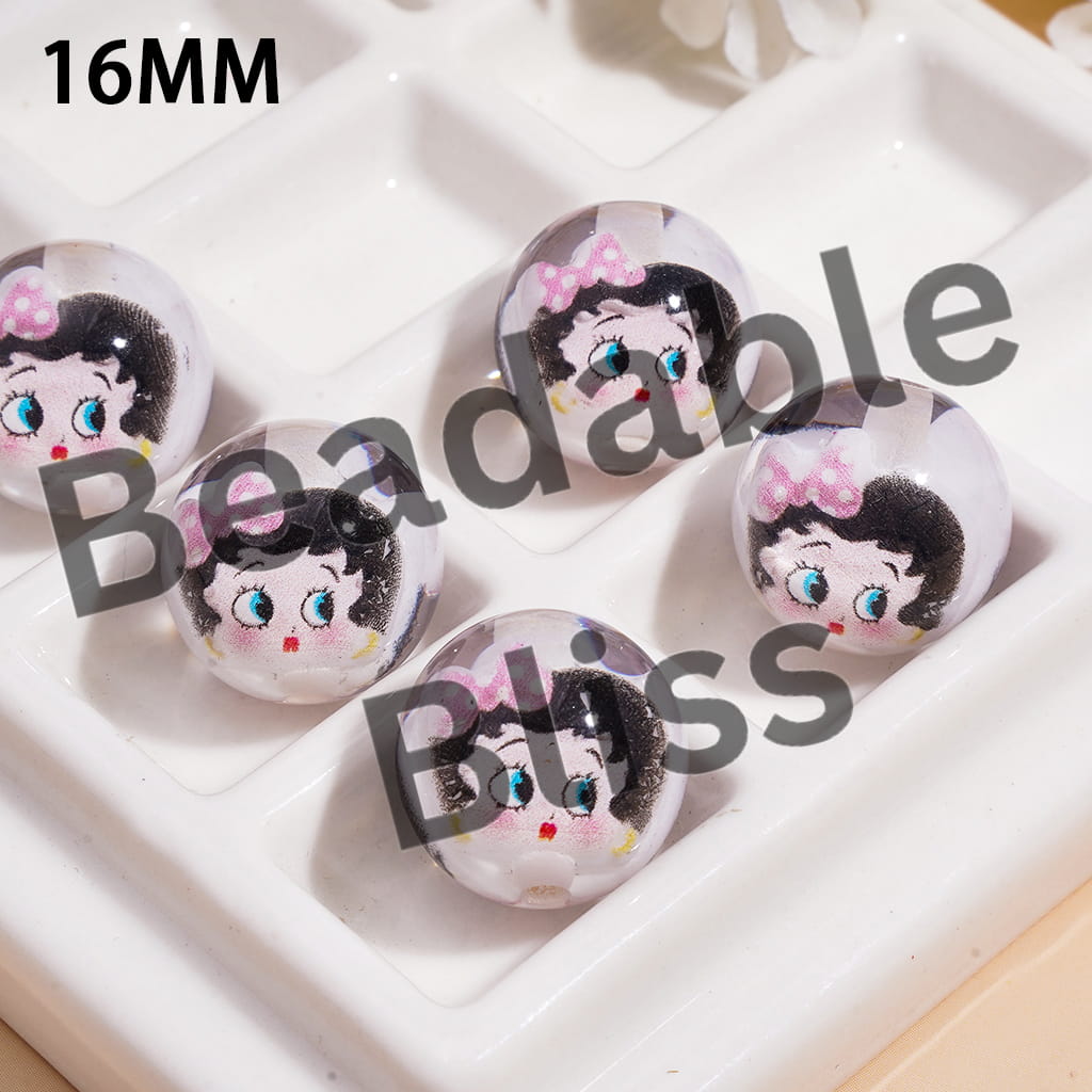 Transparent Acrylic Beads for Bracelets, Old Girl Character Wearing Bowtie Designs Inside, 16MM