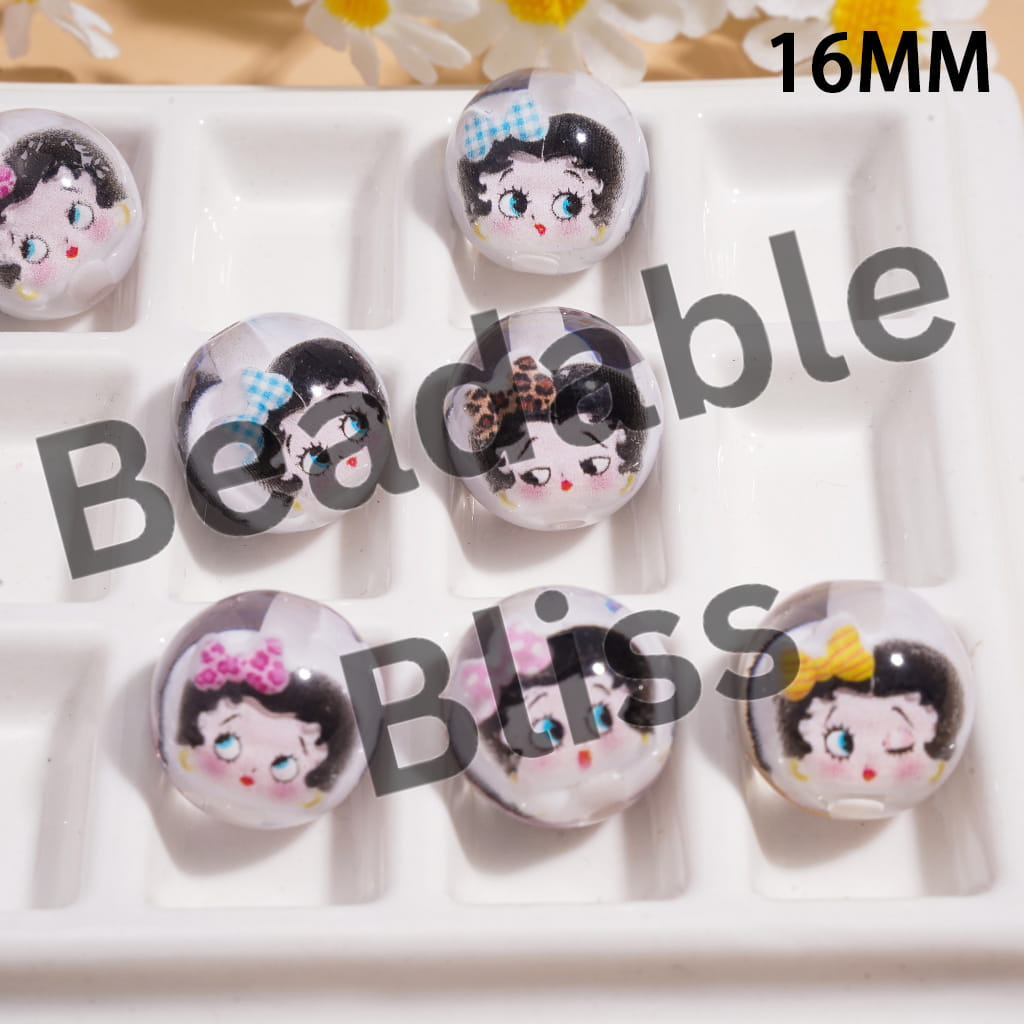 Transparent Acrylic Beads for Bracelets, Old Girl Character Wearing Bowtie Designs Inside, 16MM