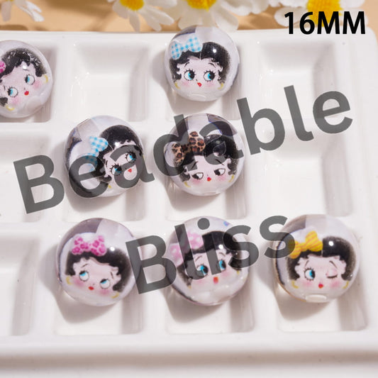 Transparent Acrylic Beads for Bracelets, Old Girl Character Wearing Bowtie Designs Inside, 16MM