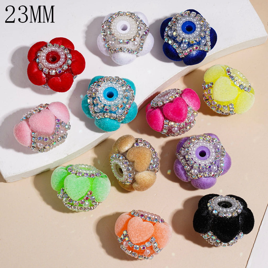 Handmade Acrylic Beads w Fluffy Heart Half-Shell White Pearl, AB Rhinestone & White Pearl Chains, 23MM Multi-Color Random Mix