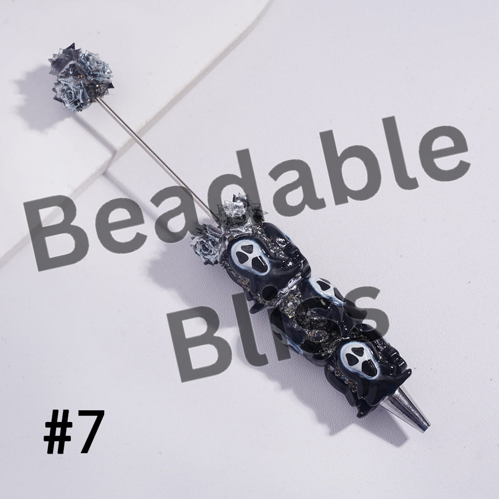 Beadable Sugar Clay Pens with Glittery Rose Flowers and Broken Rhinestones Covered the Entire Pens, Funny Halloween Ghost Style