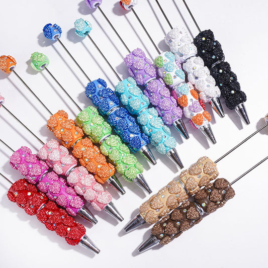 AB Rhinestones and Heart Design with Rose Flowers Beadable Clay Pens, Valentine's Day Theme, Multi-Color