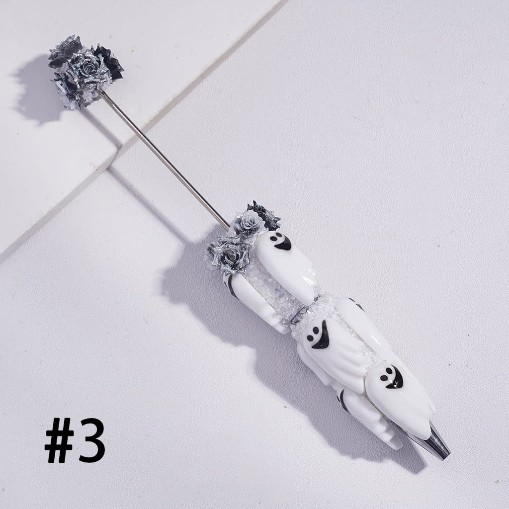 Beadable Sugar Clay Pens with Glittery Rose Flowers and Broken Rhinestones Covered the Entire Pens, Funny Halloween Ghost Style