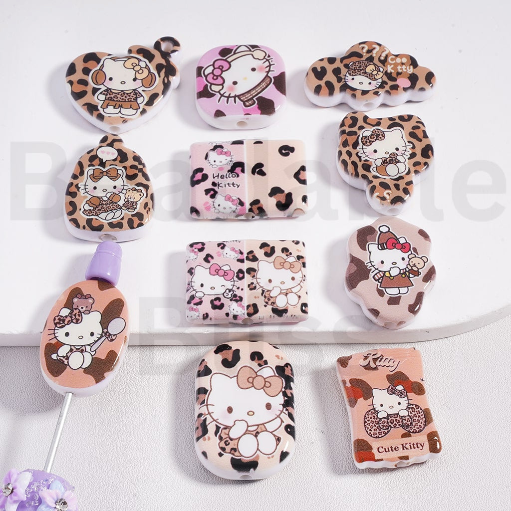 Acrylic Beads Cute Hello Kitt Sanri with Jaguar Prints, Random Mix