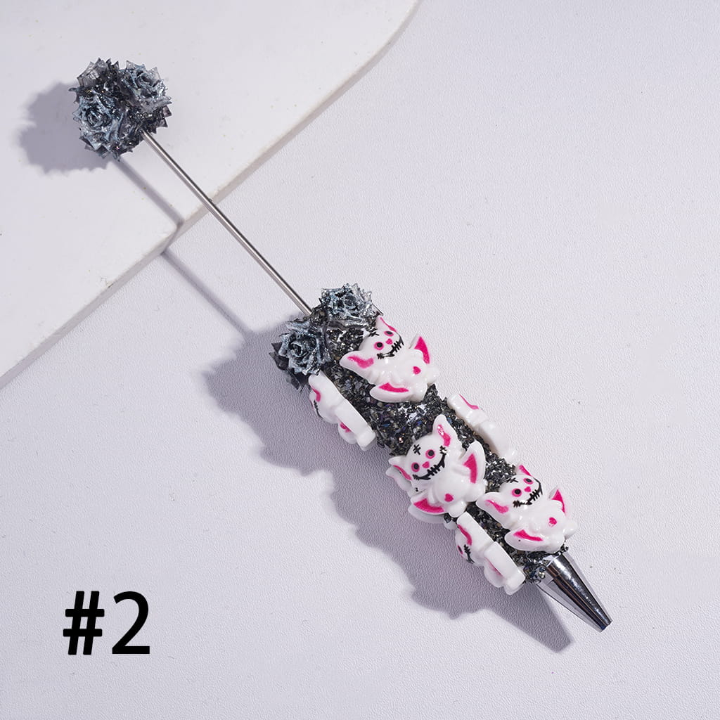 Beadable Sugar Clay Pens with Glittery Rose Flowers and Broken Rhinestones Covered the Entire Pens, Funny Halloween Ghost Style